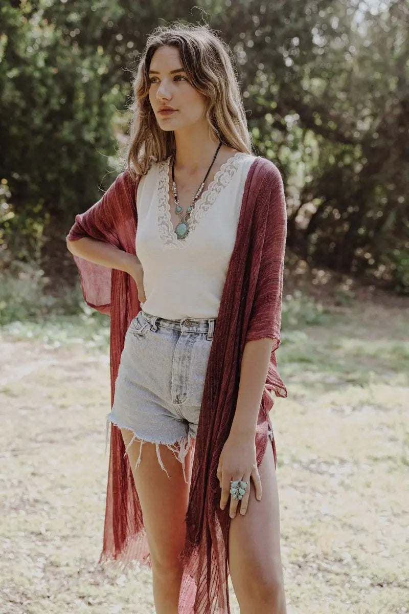 Pencil Stripe Lurex Trim Kimono - Boho Clothing and Accessories - Flyclothing LLC