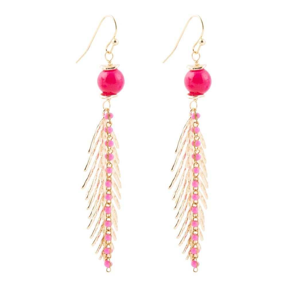 Peony Fuchsia Pink Jade Feather Drop Earrings - Barse Jewelry - Flyclothing LLC