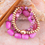 Peony Fuchsia Pink Jade Golden Stretch Bracelet Set - Barse Jewelry