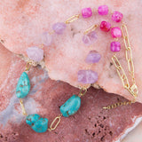 Purple Periwinkle Amethyst and Blue Turquoise Long Golden Necklace - Barse Jewelry