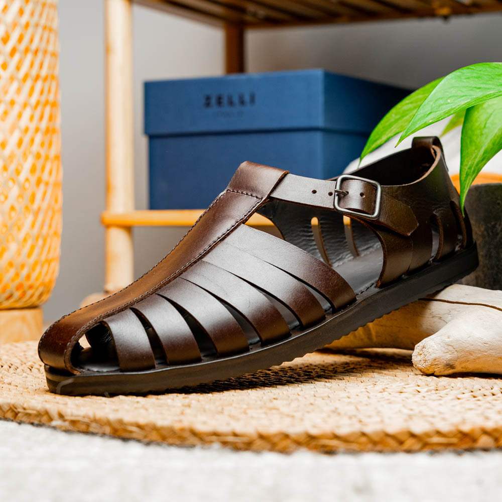05-110-BRN PESCA Calfskin Strap-On Sandal, Brown - Zelli Italia - Flyclothing LLC