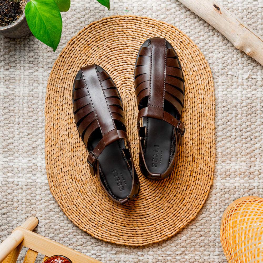 05-110-BRN PESCA Calfskin Strap-On Sandal, Brown - Zelli Italia - Flyclothing LLC