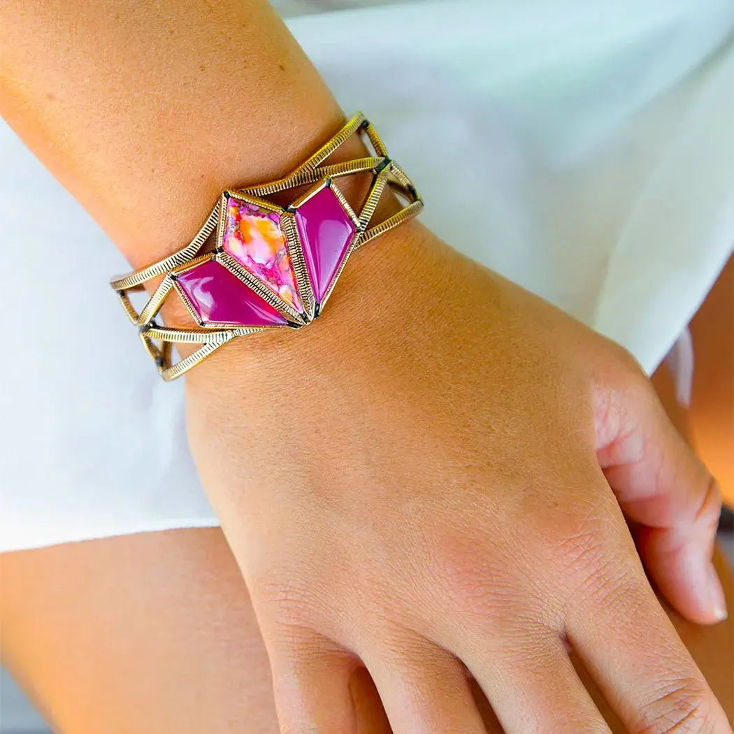 Pink Agate and Coral Matrix Golden Cuff Bracelet - Barse Jewelry - Flyclothing LLC