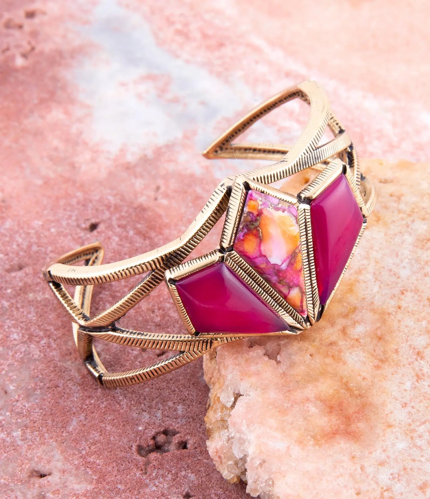 Pink Agate and Coral Matrix Golden Cuff Bracelet - Barse Jewelry - Flyclothing LLC