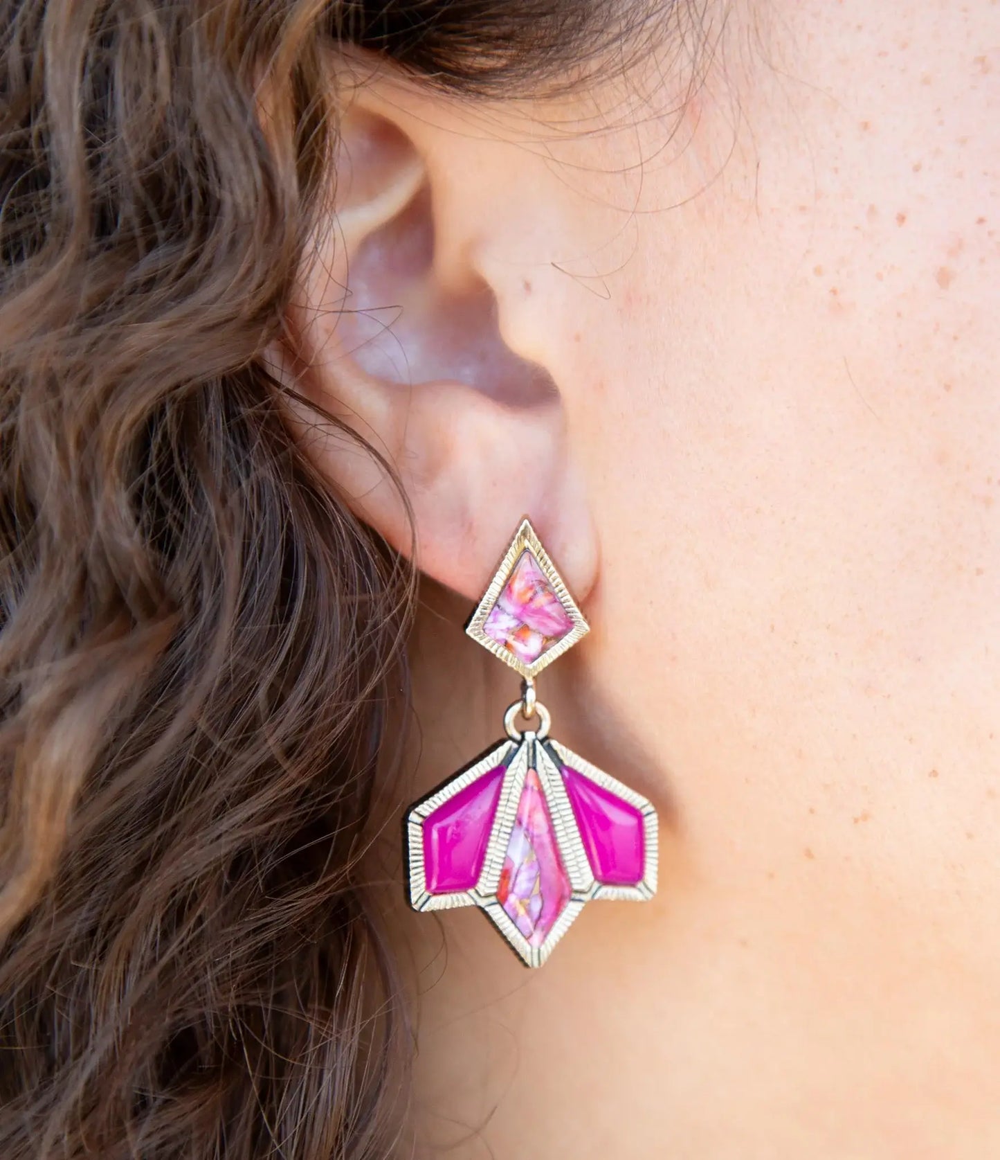 Pink Agate and Shell Matrix Golden Statement Earrings - Barse Jewelry - Flyclothing LLC