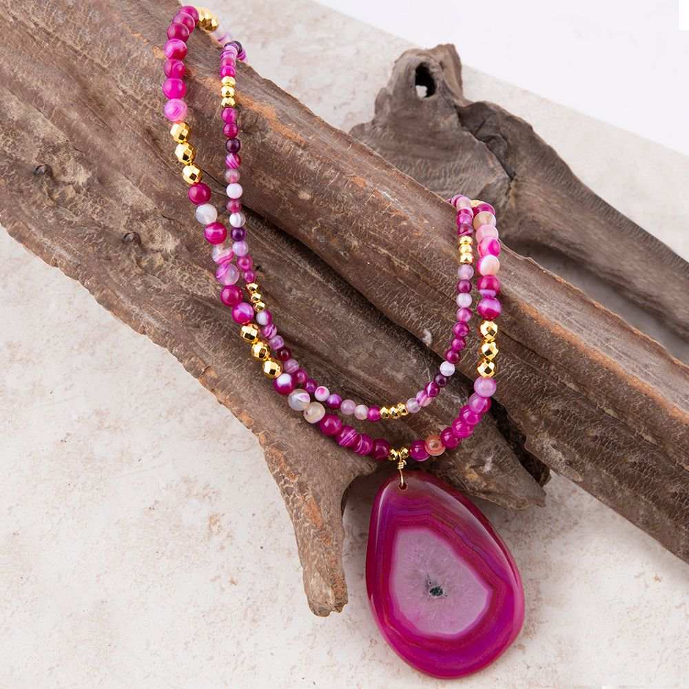 Pink Agate Golden Pendant Necklace - Barse Jewelry - Flyclothing LLC