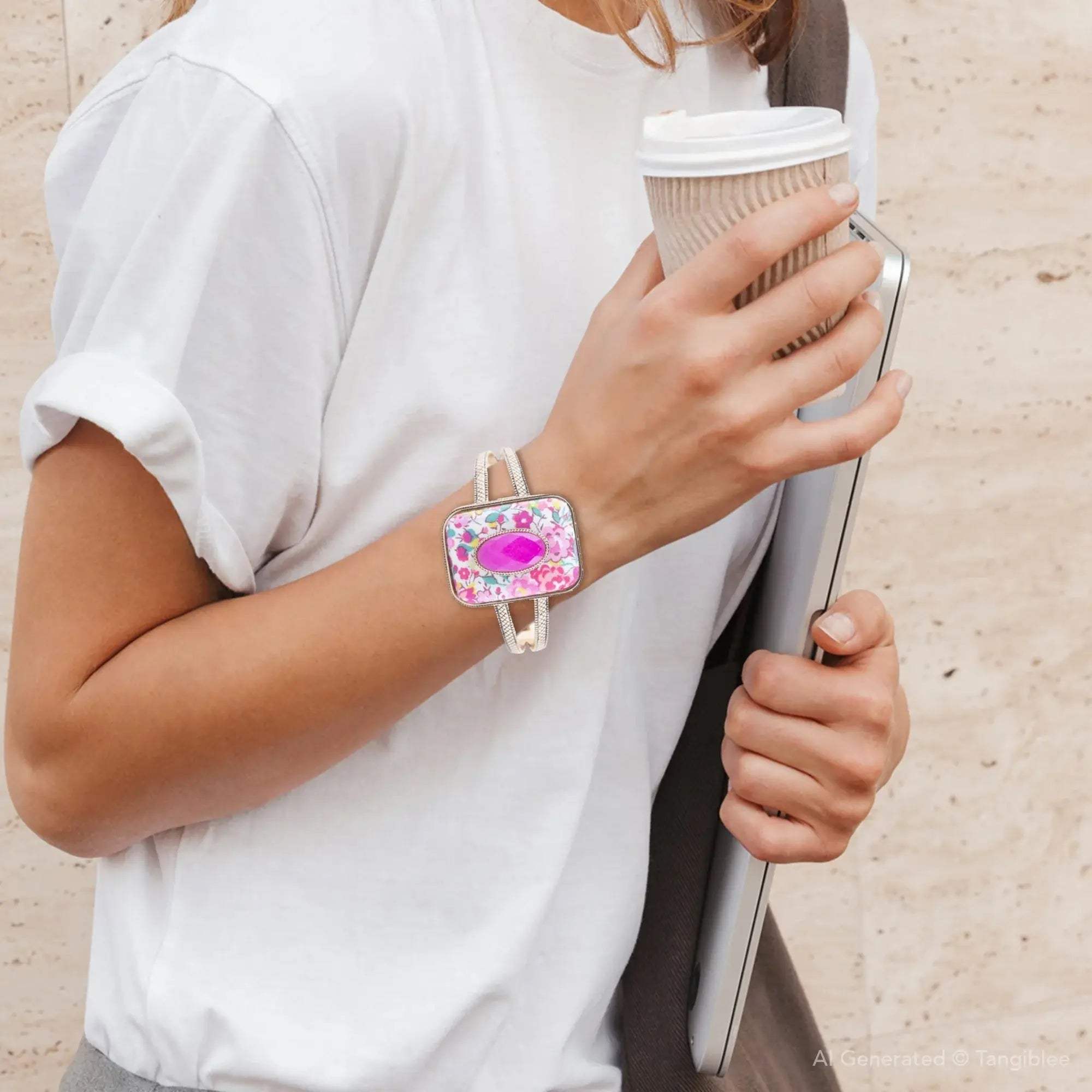 Pink Agate Stacked Stone Floral Cuff Bracelet - Barse Jewelry - Flyclothing LLC