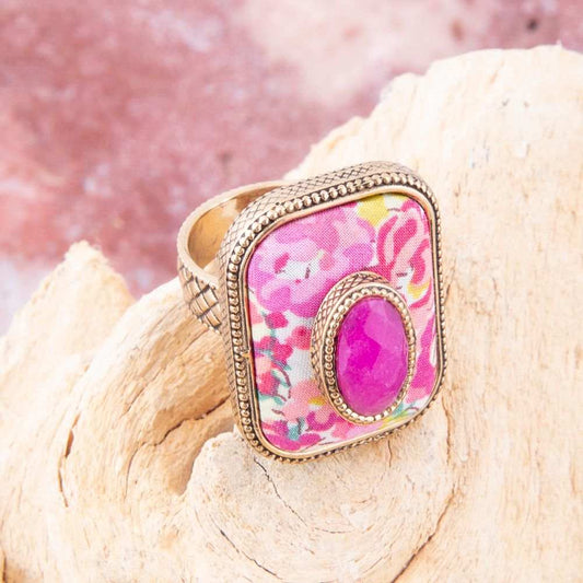 Pink Agate Stacked Stone Floral Golden Statement Ring - Barse Jewelry - Flyclothing LLC