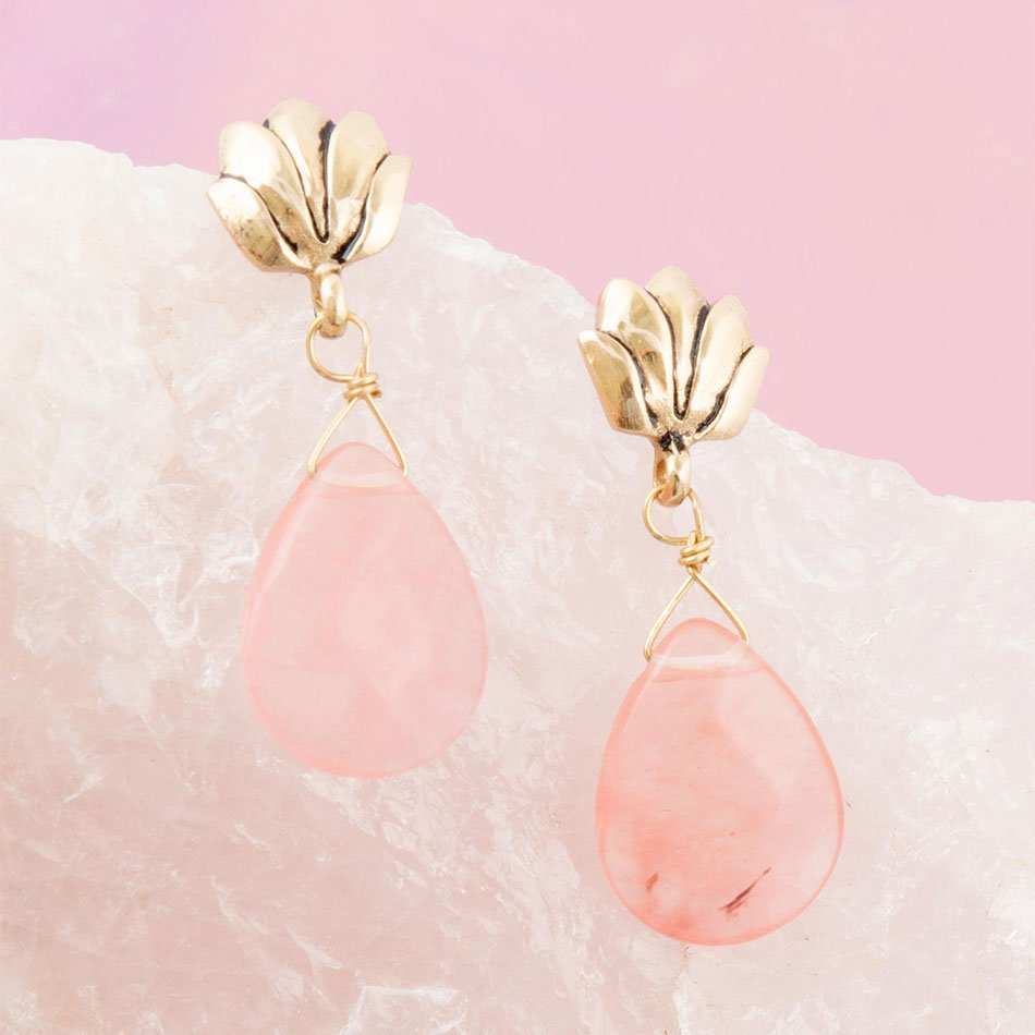 Pink Quartz Golden Lotus Drop Earrings - Barse Jewelry - Flyclothing LLC