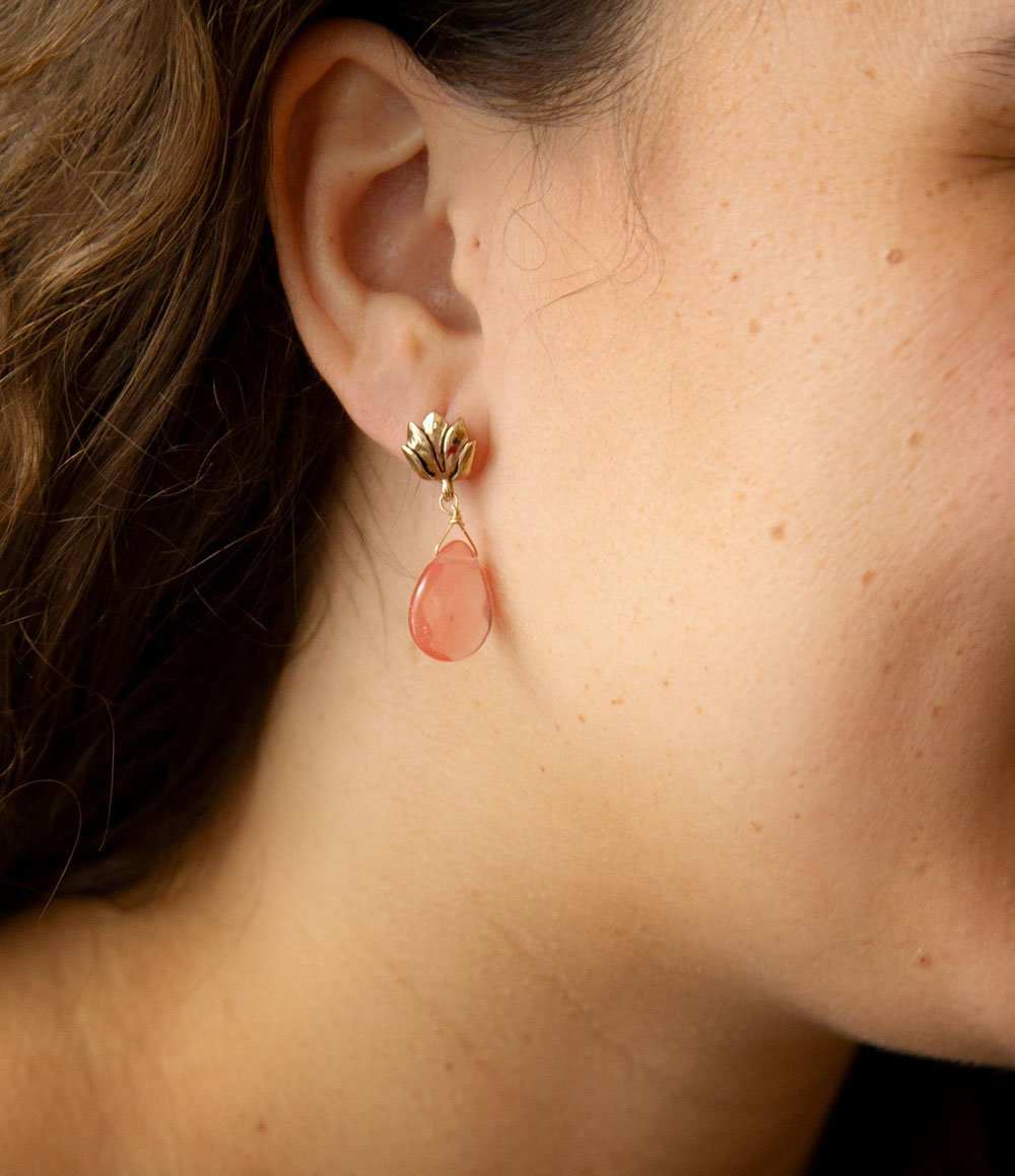 Pink Quartz Golden Lotus Drop Earrings - Barse Jewelry - Flyclothing LLC