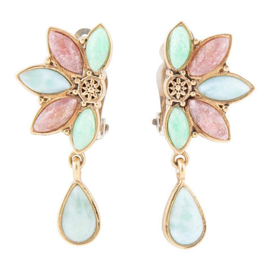 Pink Rhodonite Blue Amazonite and Varacite Petals Golden Clip Earrings - Barse Jewelry - Flyclothing LLC