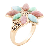 Pink Rhodonite Blue Amazonite and Green Varacite Petals Golden Statement Ring - Barse Jewelry