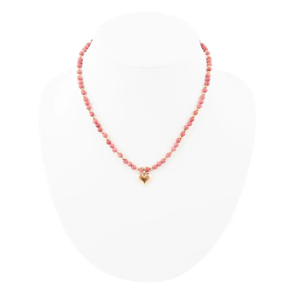 Pink Rhodonite and Golden Bronze Heart Pendant Necklace - Barse Jewelry - Flyclothing LLC
