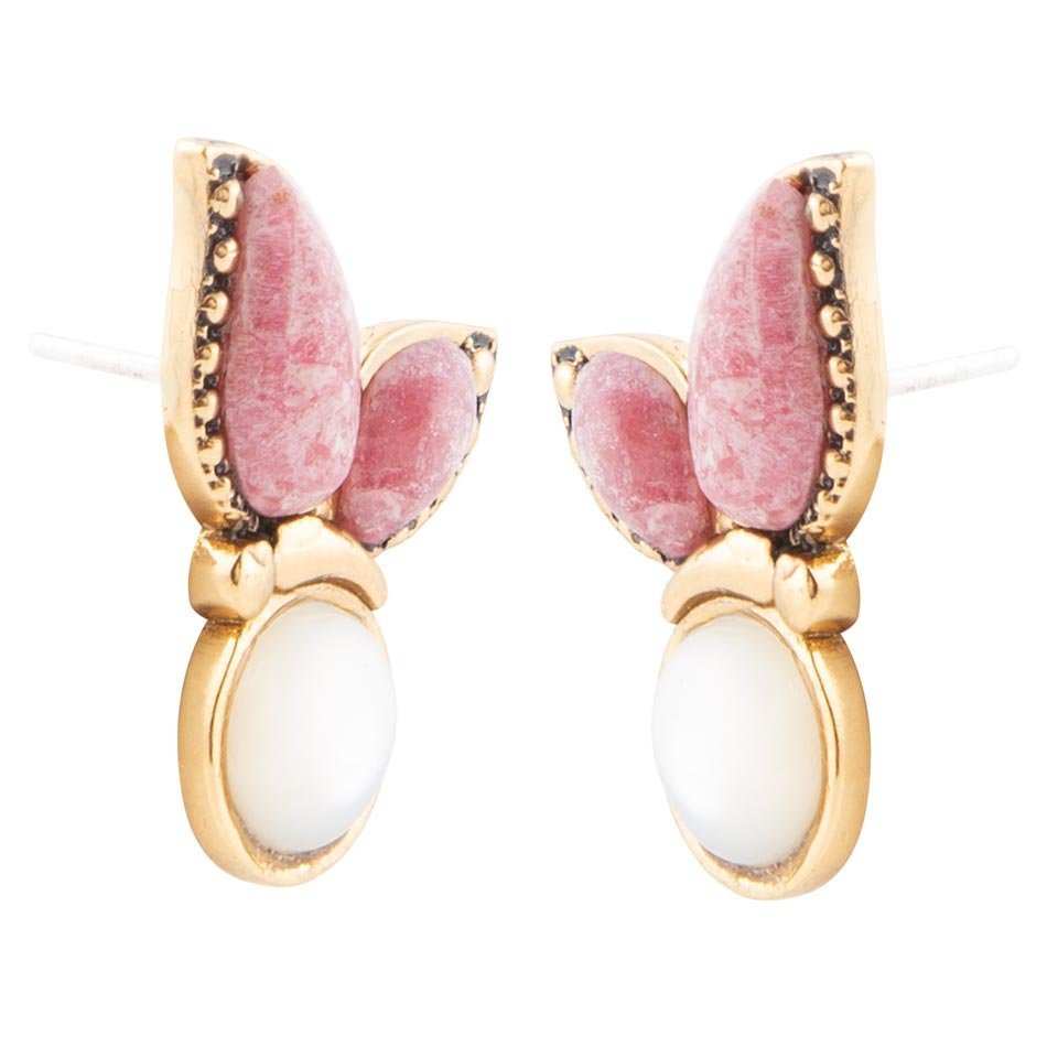 Pink Rhodonite and White Mother of Pearl Golden Butterflies Post Earrings - Barse Jewelry - Flyclothing LLC