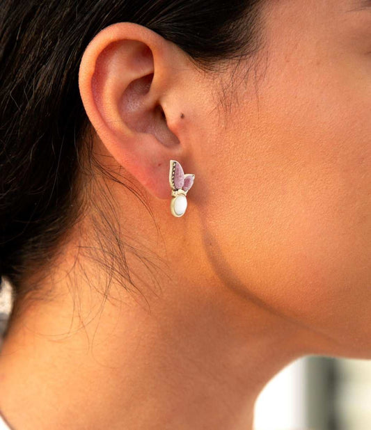 Pink Rhodonite and White Mother of Pearl Golden Butterflies Post Earrings - Barse Jewelry - Flyclothing LLC
