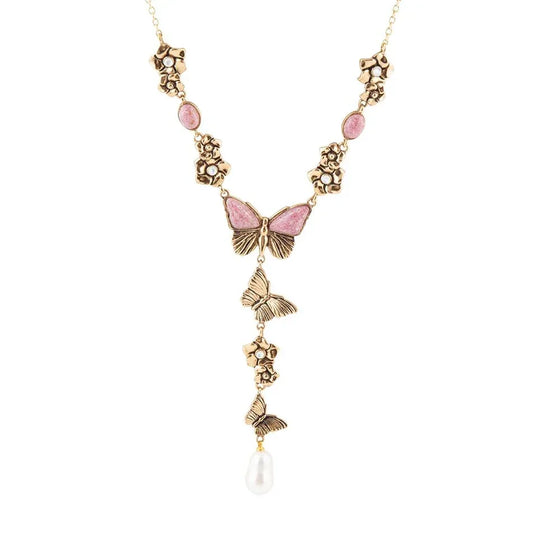 Pink Rhodonite and White Pearl Golden Butterflies Y Necklace - Barse Jewelry - Flyclothing LLC