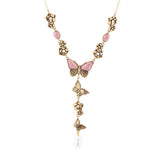 Pink Rhodonite and White Pearl Golden Butterflies Y Necklace