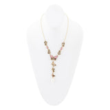 Pink Rhodonite and White Pearl Golden Butterflies Y Necklace