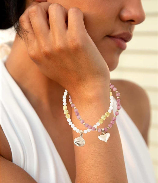 Pink Rhodonite and White Pearl Golden Heart Charm Bracelet Set - Barse Jewelry - Flyclothing LLC