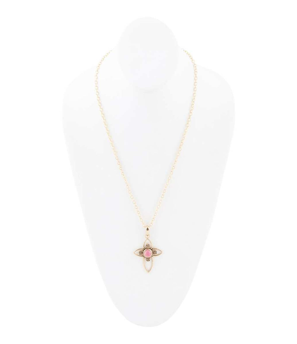 Pink Rhodonite Golden Cross Pendant Necklace - Barse Jewelry - Flyclothing LLC