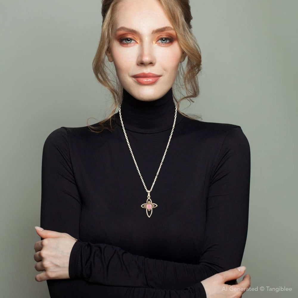 Pink Rhodonite Golden Cross Pendant Necklace - Barse Jewelry - Flyclothing LLC