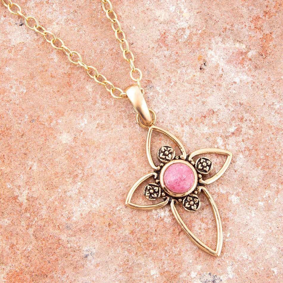 Pink Rhodonite Golden Cross Pendant Necklace - Barse Jewelry - Flyclothing LLC