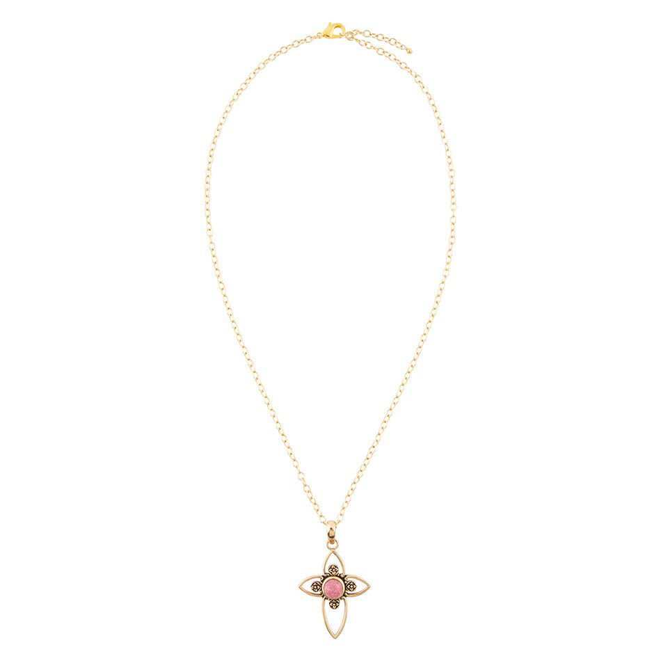Pink Rhodonite Golden Cross Pendant Necklace - Barse Jewelry - Flyclothing LLC