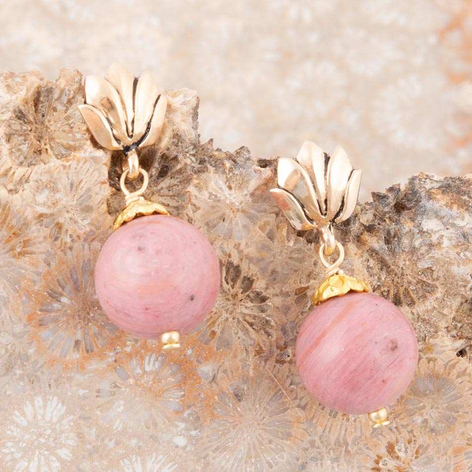 Pink Rhodonite Golden Lotus Drop Earrings - Barse Jewelry - Flyclothing LLC