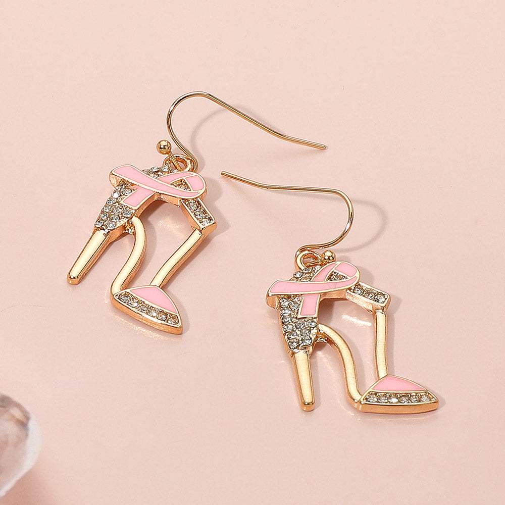 Pink Ribbon Accent Rhinestone Paved High Heel Dangle Earrings - Madeline Love - Flyclothing LLC