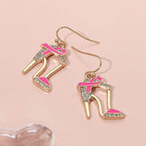 Pink Ribbon Accent Rhinestone Paved High Heel Dangle Earrings - Madeline Love - Flyclothing LLC