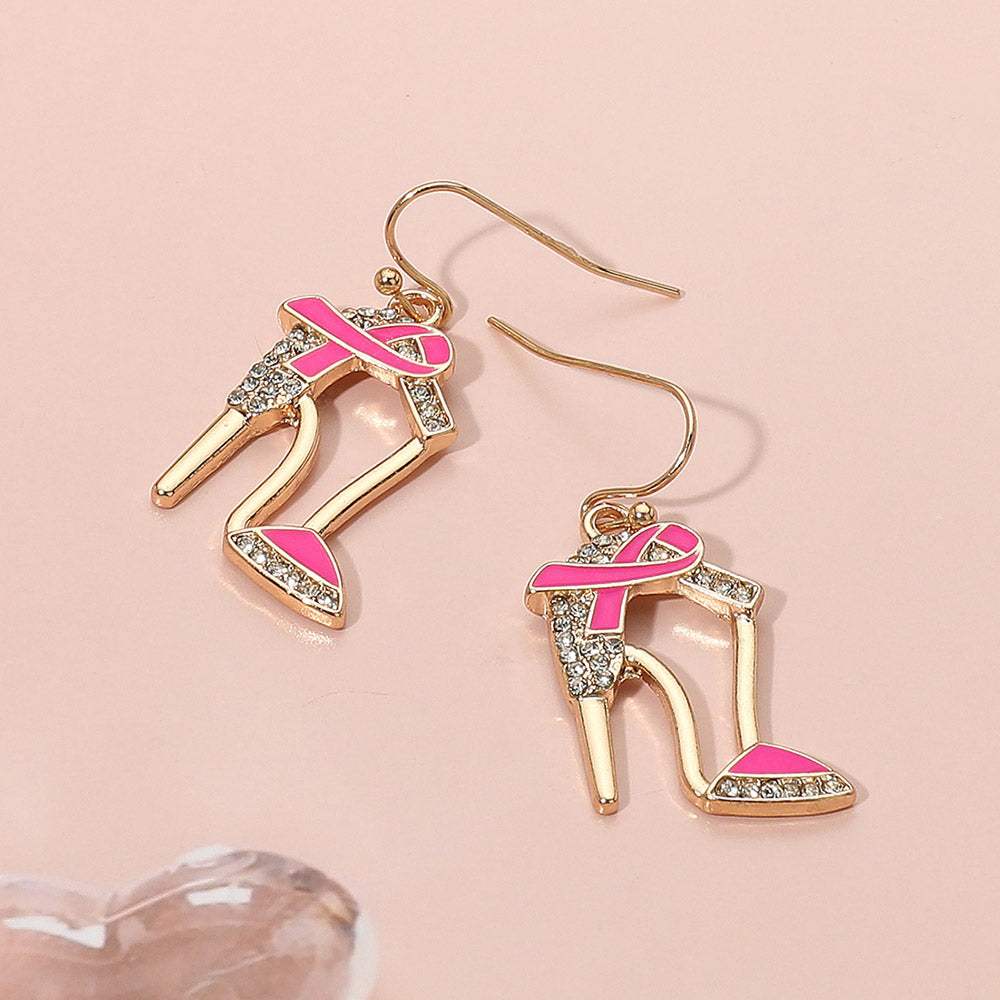 Pink Ribbon Accent Rhinestone Paved High Heel Dangle Earrings - Madeline Love - Flyclothing LLC