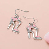 Pink Ribbon Accent Rhinestone Paved High Heel Dangle Earrings - Madeline Love - Flyclothing LLC