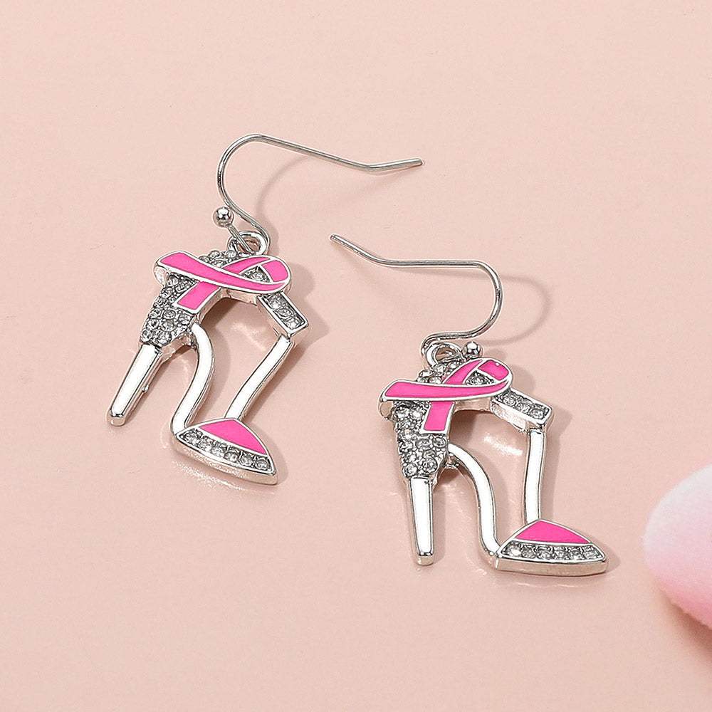 Pink Ribbon Accent Rhinestone Paved High Heel Dangle Earrings - Madeline Love - Flyclothing LLC