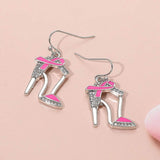 Pink Ribbon Accent Rhinestone Paved High Heel Dangle Earrings - Madeline Love - Flyclothing LLC