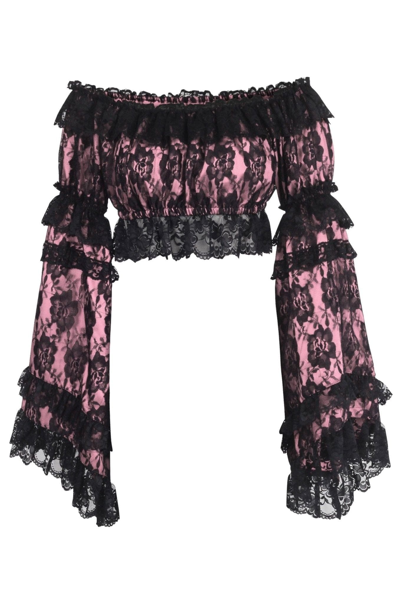 Daisy Corsets Pink/Black Lace Smocked Flare Sleeve Peasant Top