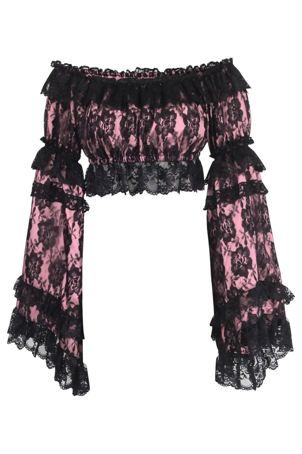 Daisy Corsets Pink/Black Lace Smocked Flare Sleeve Peasant Top - Daisy Corsets