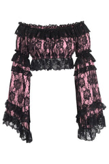 Daisy Corsets Pink/Black Lace Smocked Flare Sleeve Peasant Top