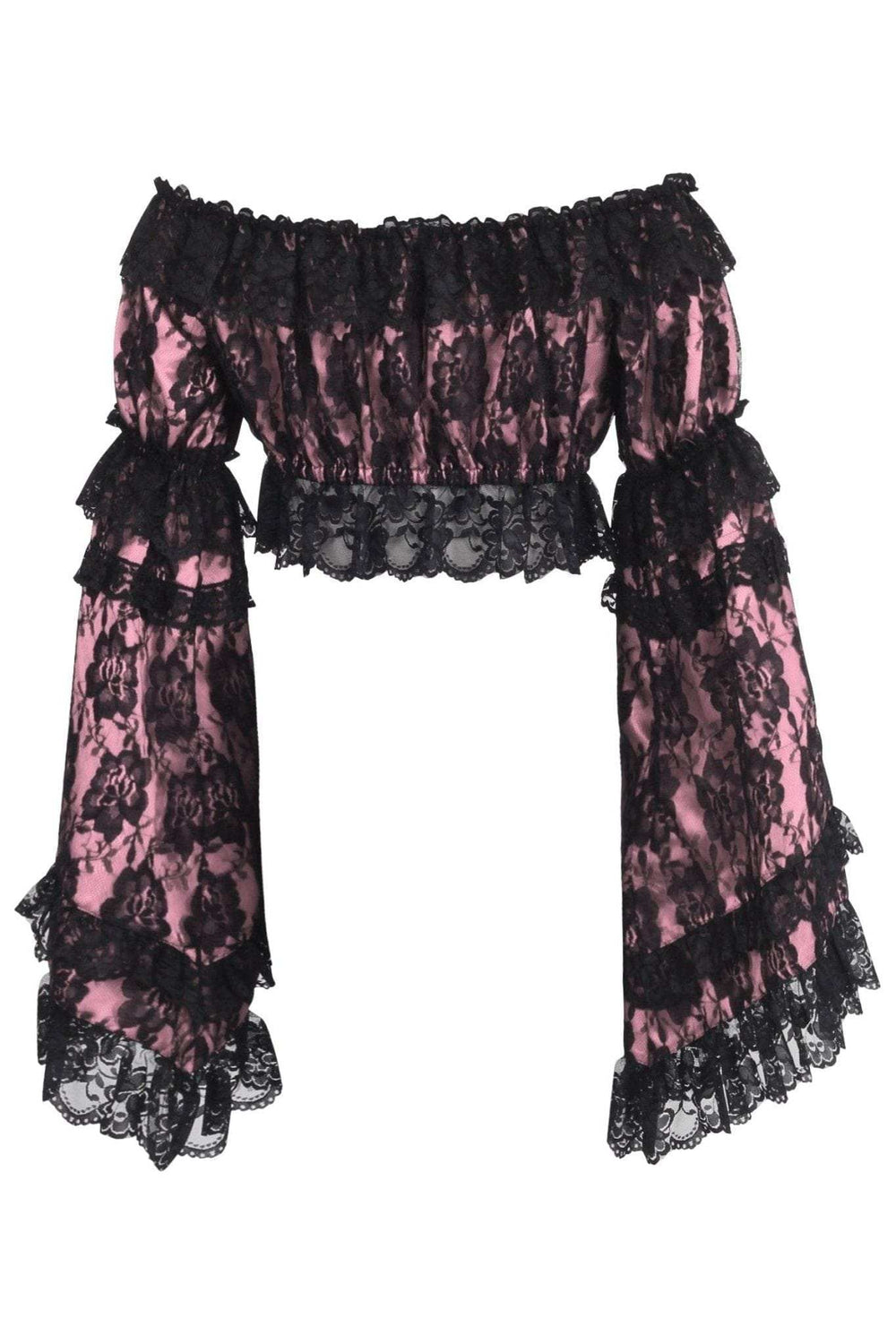 Daisy Corsets Pink/Black Lace Smocked Flare Sleeve Peasant Top - Daisy Corsets - Flyclothing LLC
