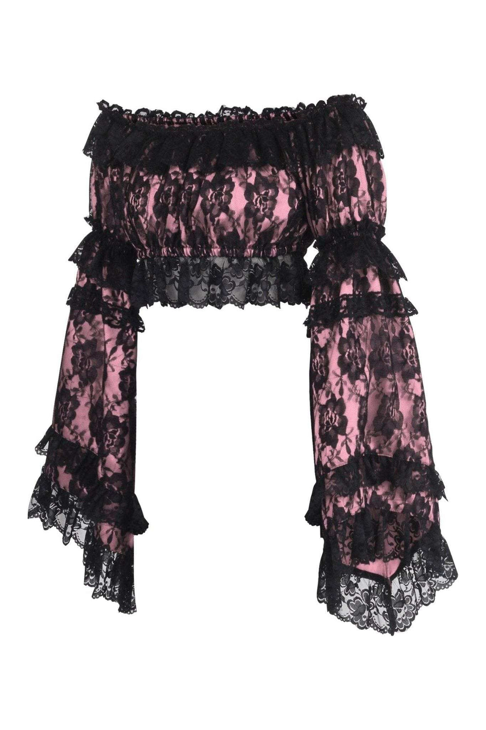 Daisy Corsets Pink/Black Lace Smocked Flare Sleeve Peasant Top - Daisy Corsets - Flyclothing LLC