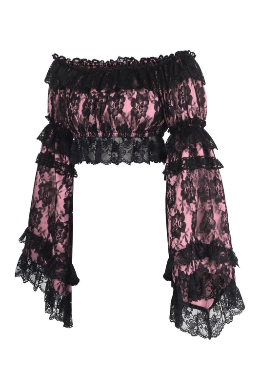 Daisy Corsets Pink/Black Lace Smocked Flare Sleeve Peasant Top