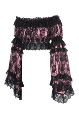 Daisy Corsets Pink/Black Lace Smocked Flare Sleeve Peasant Top