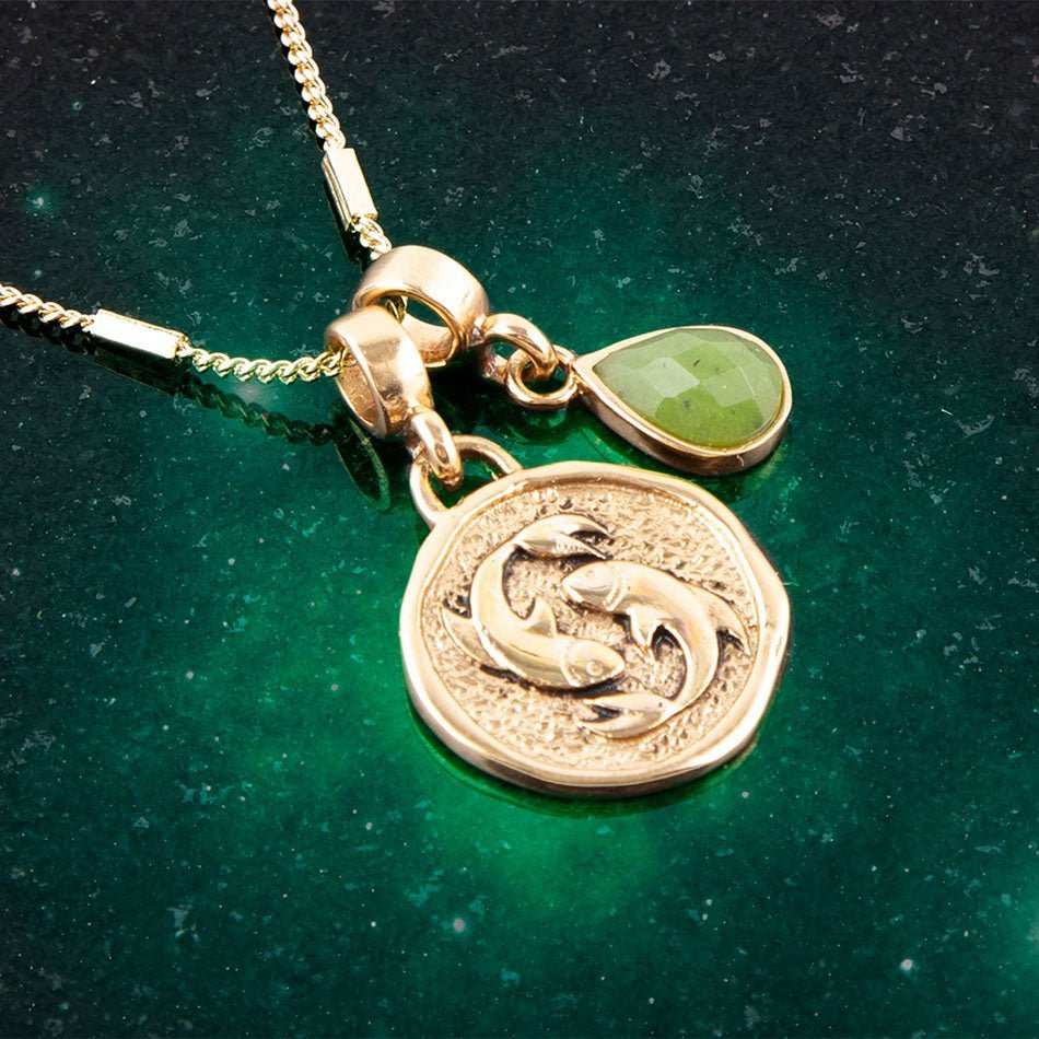 Pisces - Zodiac Green Jade Golden Charm Necklace - Barse Jewelry - Flyclothing LLC