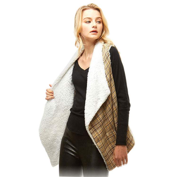 Plaid Faux Fur Lining and Pocket Vest - Madeline Love - Flyclothing LLC