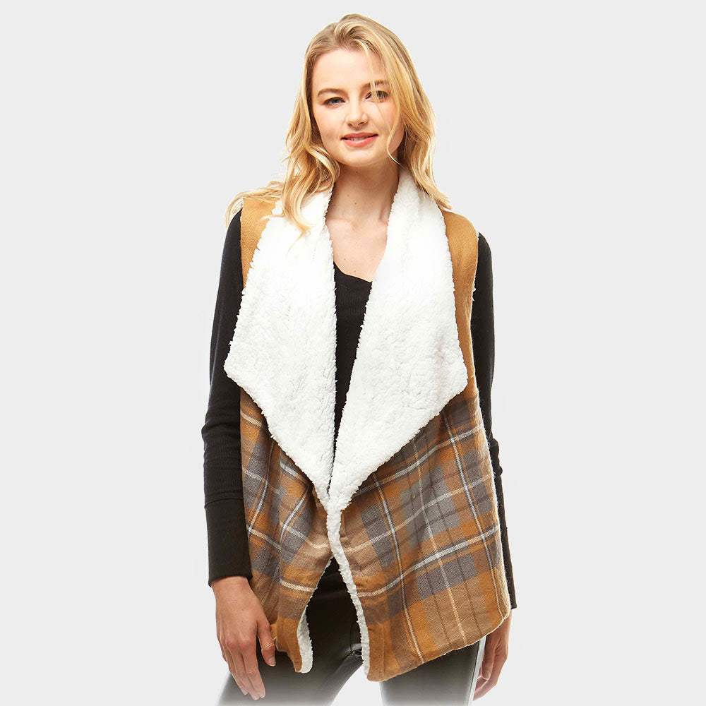 Plaid Faux Fur Lining and Pocket Vest - Madeline Love - Flyclothing LLC