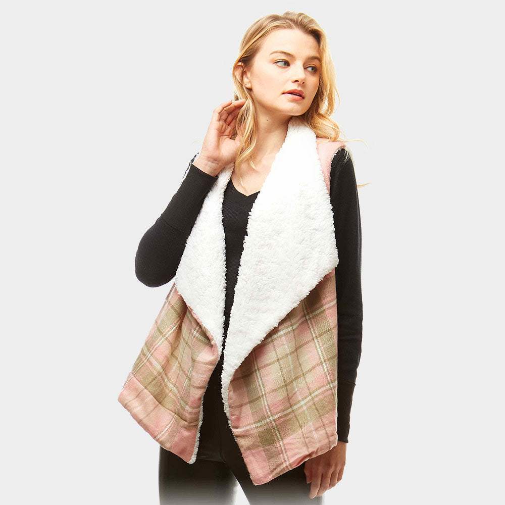 Plaid Faux Fur Lining and Pocket Vest - Madeline Love - Flyclothing LLC