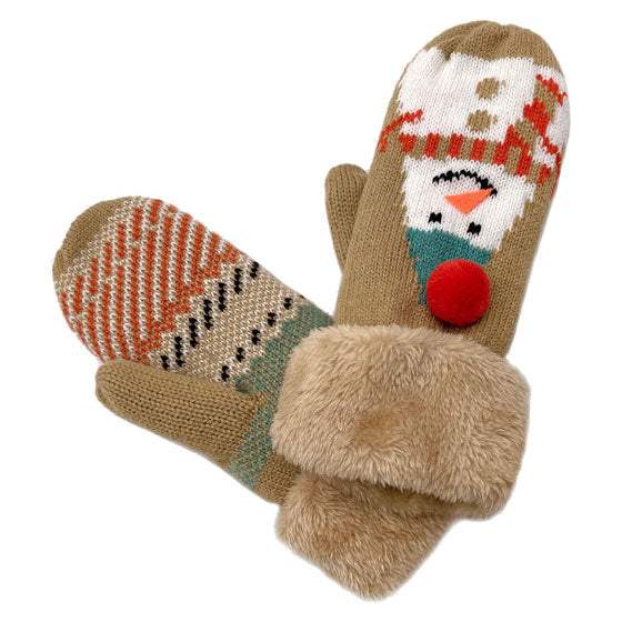 Plush Snowman Printed Faux Fur Mitten Gloves - Madeline Love - Flyclothing LLC