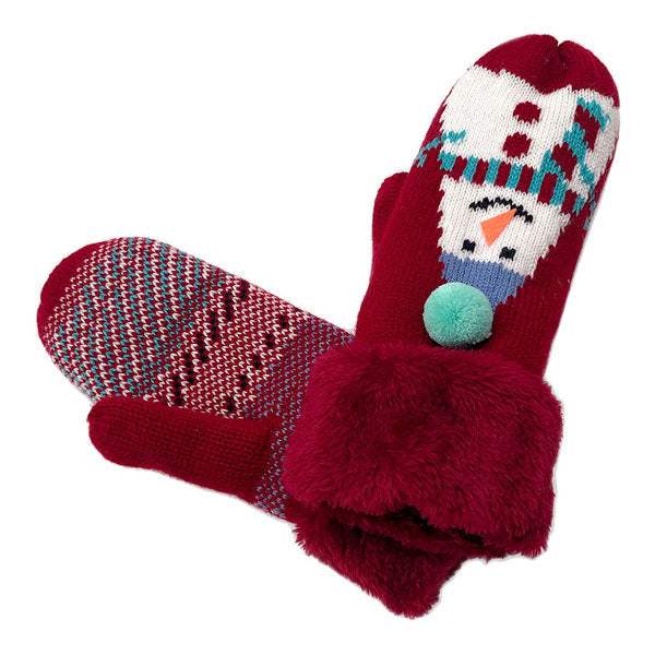 Plush Snowman Printed Faux Fur Mitten Gloves - Madeline Love - Flyclothing LLC