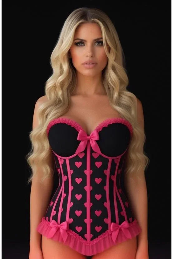 Lavish Black & Pink Hearts Lycra Hook & Eye Back Closure Bustier - Daisy Corsets - Flyclothing LLC