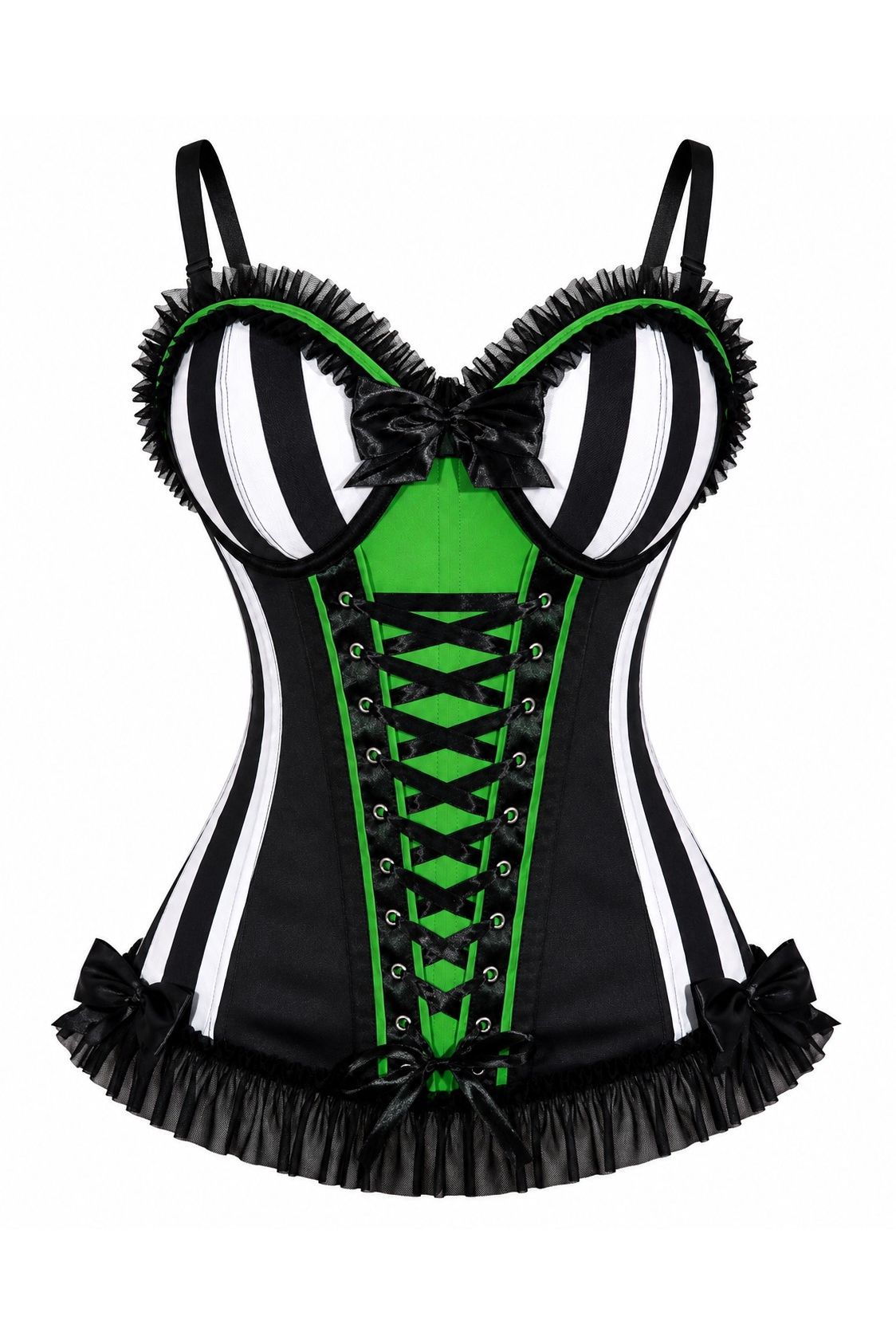 Daisy Corsets Lavish Black/White Stripe w/Green Bustier Corset with Underwire Cups - Daisy Corsets - Flyclothing LLC