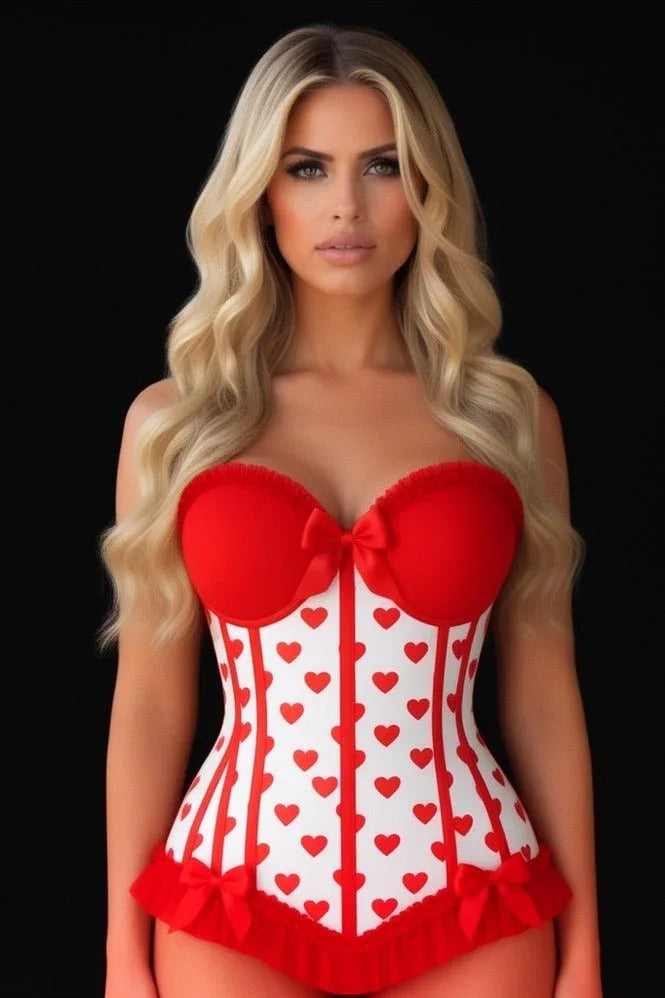 Lavish White & Red Hearts Lycra Hook & Eye Back Closure Bustier - Daisy Corsets - Flyclothing LLC